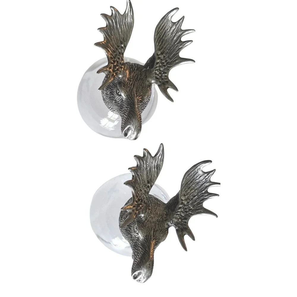 Shot Glass Set Moose Head Pewter Base Cabin Decor Silver Clear